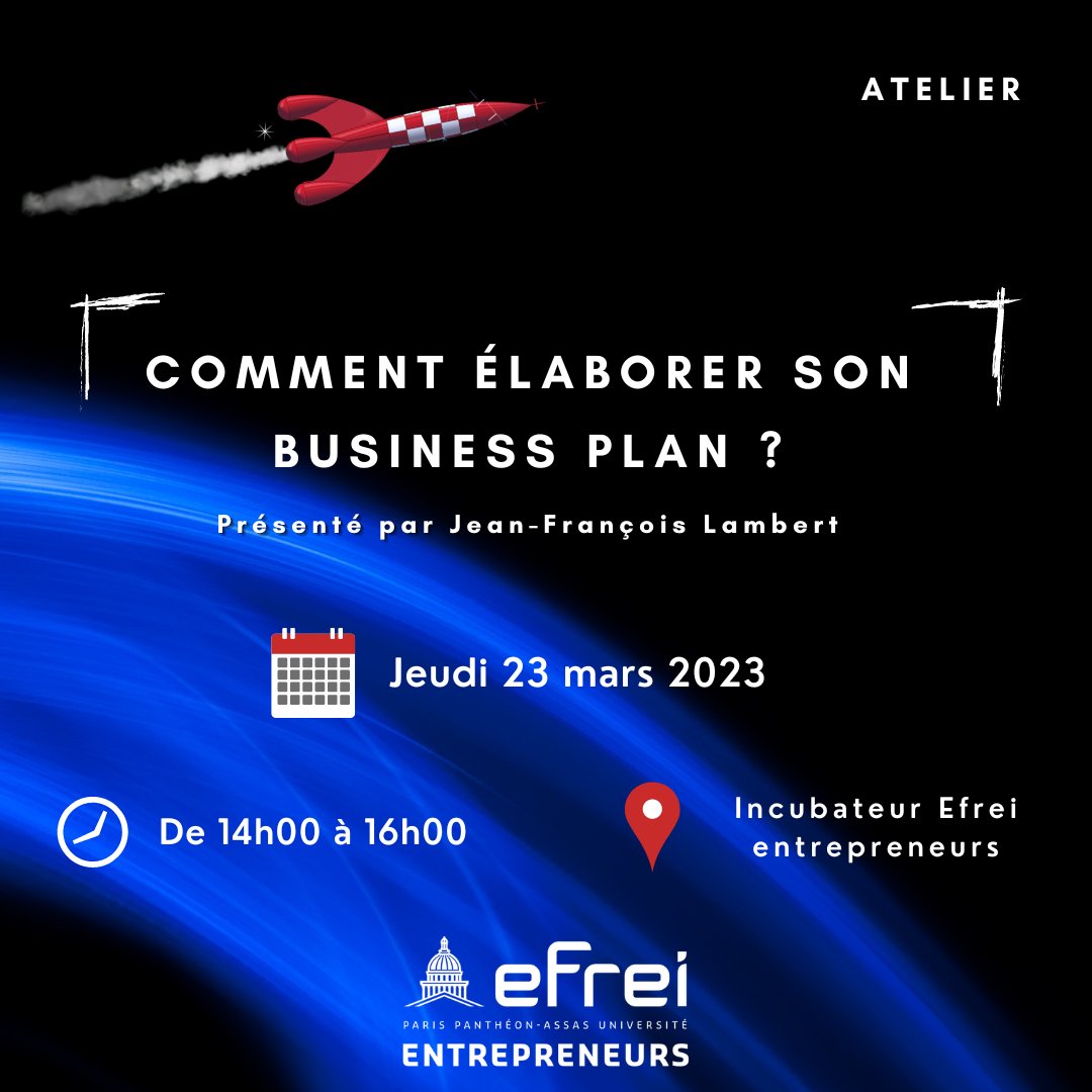 [ Atelier ]
Rendez-vous le 23 mars prochain à l'incubateur Efrei Entrepreneurs pour un atelier #BusinessPlan présenté par Jean-françois Lambert. 🚀

📅 23 mars 2023
⌛ De 14h00 à 16h30
📍Incubateur Efrei Entrepreneurs
Lien d'inscription :👇
eventbrite.fr/e/billets-atel…

<a href="/Efrei_Paris/">Efrei</a>