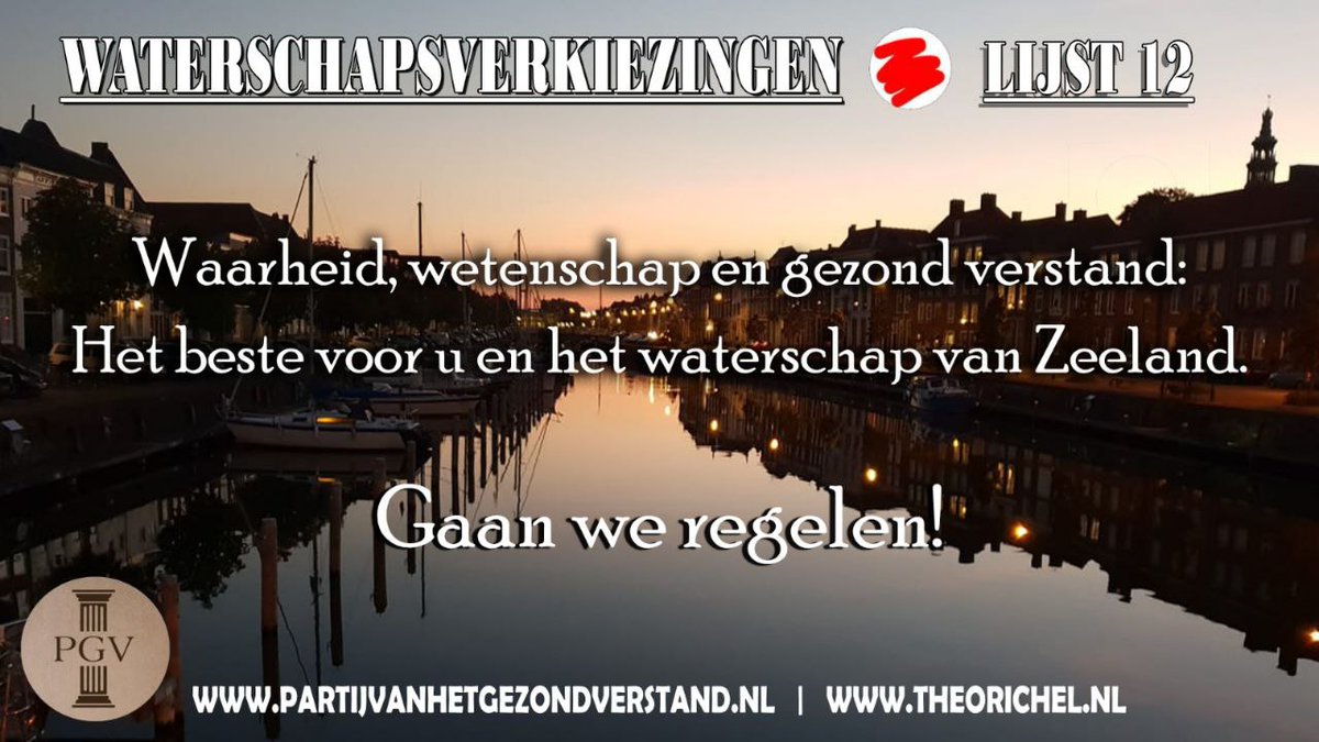 Ga stemmen en kies voor gezond verstand in het waterschap van Zeeland! #Lijst12! Lijsttrekker is de onafhankelijk wetenschapsjournalist <a href="/RichelTheo/">Theo Richel</a>. Hij trekt naar de stembus met de leuze „Stop de Groene Leugen“. Het #FVD Zeeland steunt deze campagne. #verkiezingen15maart