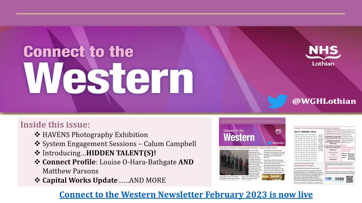 Connect to the Western February 2023 Edition is now live on the NHS Lothian Intranet.

This month we introduced our BRAND NEW monthly feature 'Hidden Talent(S)'!

WGH Staff don't forget to check it out.

#CTTW 
<a href="/WghLothian/">WGH Connect</a>