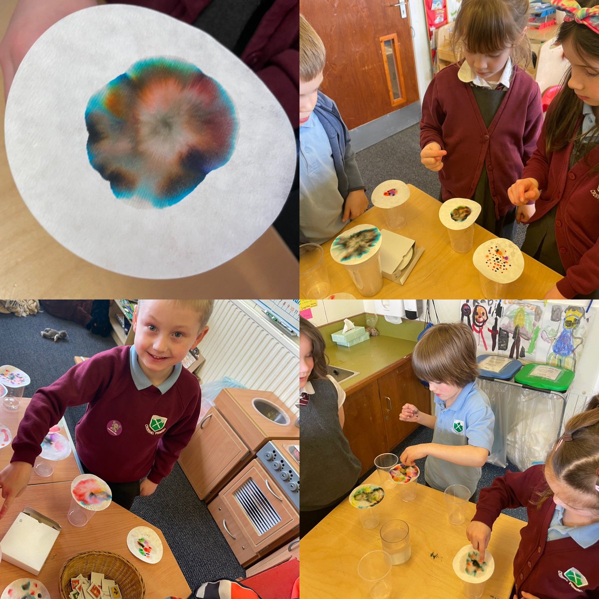 crosshill_ps's tweet photo. Today took part in a special chromatography experiment using blotting paper. We put droplets of water on the coloured dot and watched as all different colours appeared! Some looked like beautiful flowers! #crosshillclass1 @STEMLearningUK #sacSTEM https://t.co/THAhNwqaGM
