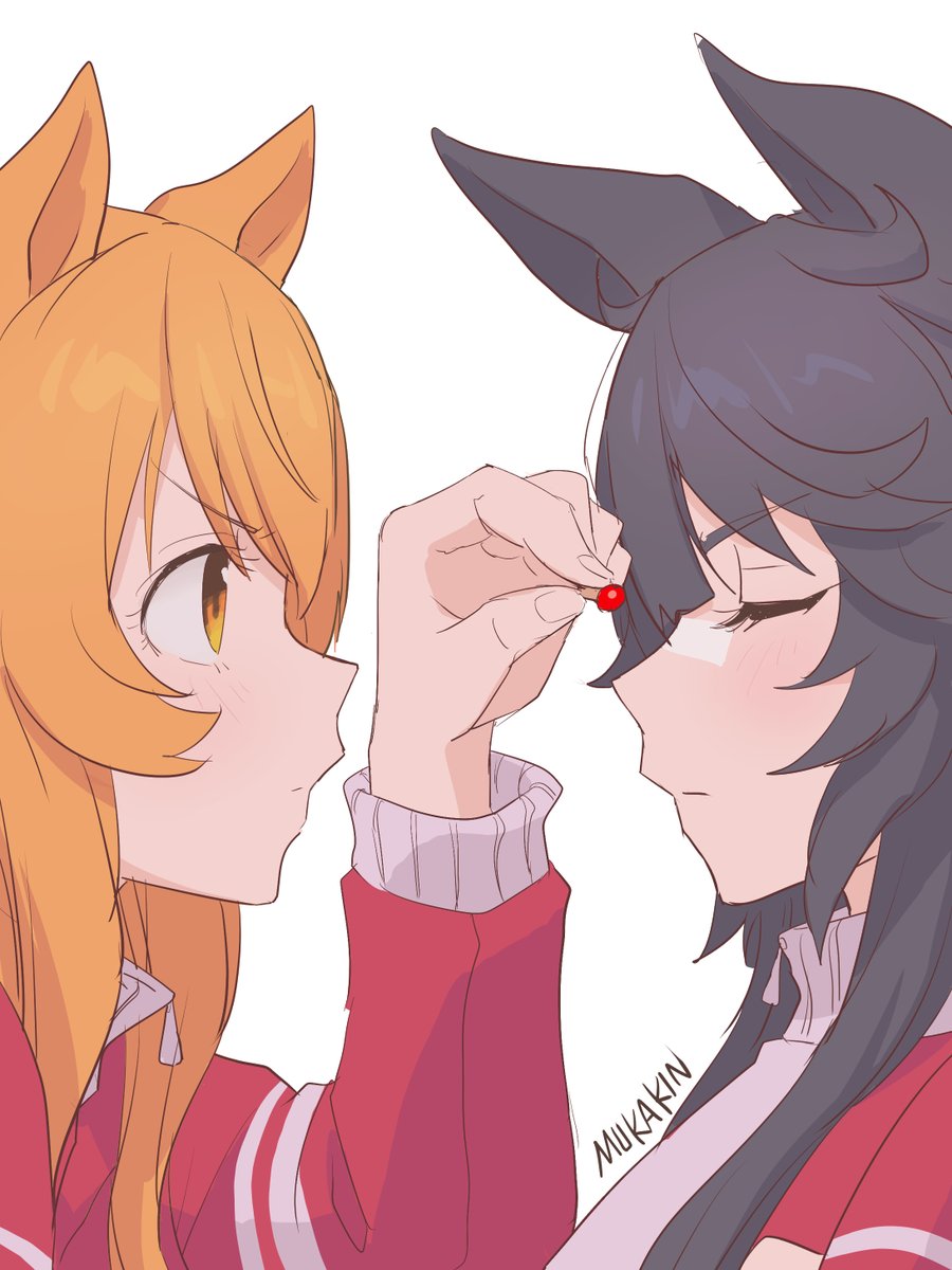 mayano top gun (umamusume) ,narita brian (umamusume) multiple girls 2girls animal ears horse ears track jacket black hair orange hair  illustration images