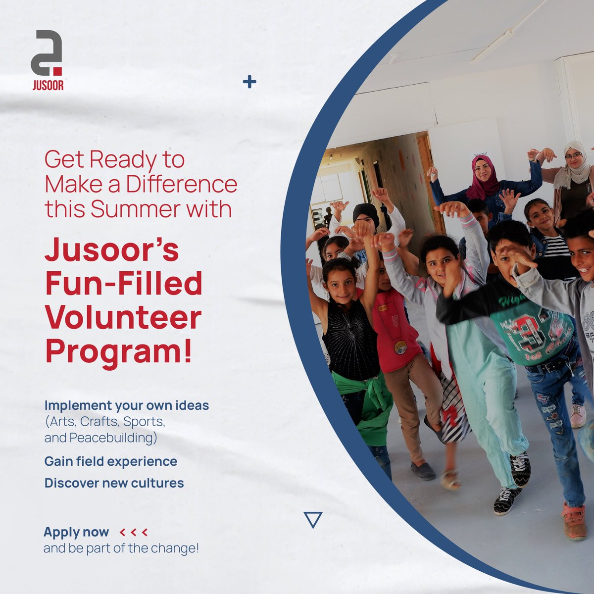 Jusoor_ngo's tweet photo. Ready to make a difference in the world?
Join Jusoor's Summer Volunteer Program and embark on a life-changing adventure!
https://t.co/vCCO5SwaBT
#Azima #SVP #SummerVolunteerProgram #Jusoor #refugeeeducation https://t.co/HWzA4s893J