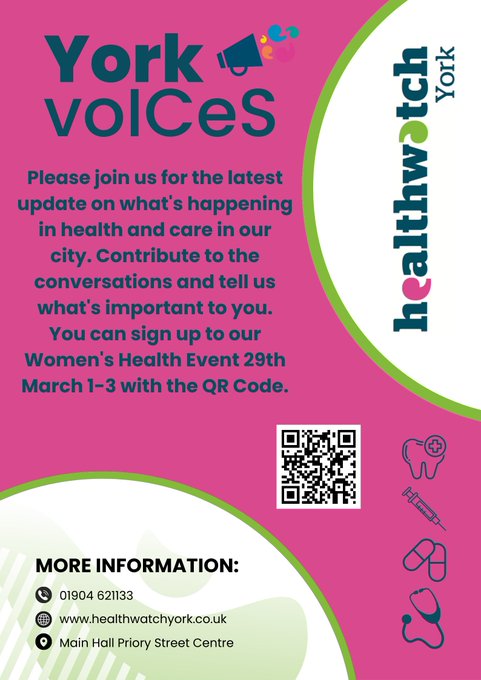 healthwatchyork's tweet image. You can keep up to date with our work around Women's Health through our padlet: padlet.com/Healthwatch_Yo…
You can also sign up to our Women's Health Event on the 29th March 1-3 at the priory street centre. Book your place here: forms.office.com/e/kRWpK79P9p