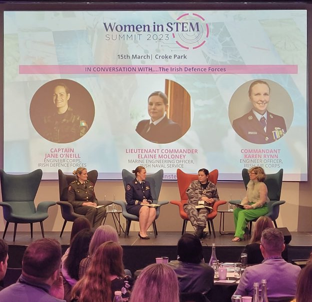 FaganGemma's tweet image. The @defenceforces at the @WomeninSTEM23 summit in @CrokePark today. 3 great panellists, Capt Jane O’Neill, Comdt Karen Rynn &amp;amp; Lt Cdr Elaine Moloney speaking to @sonyalennon about their @DF_Engineers careers!!! 
#BeMore #WomenInSTEM