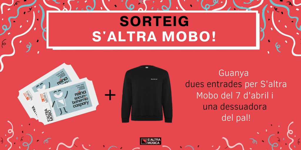 💥SORTEIG!💥 Complim dos anys 🎂 i per celebrar-ho regalem dues entrades per S'Altra Mobo i una dessuadora del pal! 🥳

✅ Segueix-nos en <a href="/MusicaAltra/">S’Altra Música</a>
✅ Fes RT.
✅ Menciona a la persona amb qui aniràs als comentaris. 

📅 El dia 29 de març publicarem el/la guanyador/a.🍀