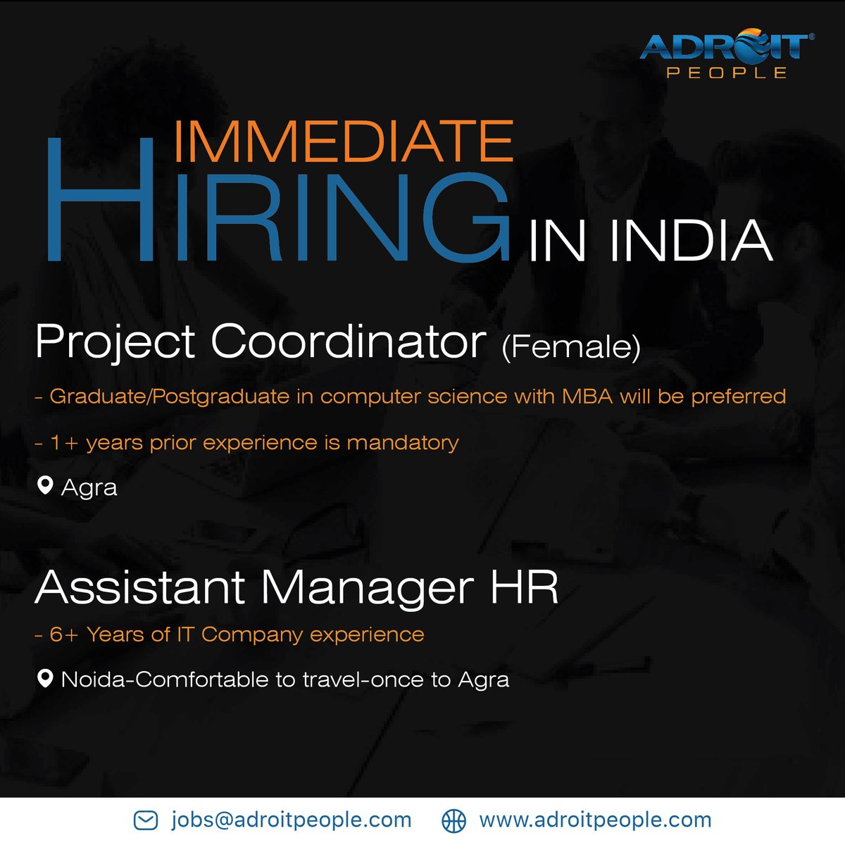 #immediatehire in #India

Please send your resume to jobs@adroitpeople.com

#projectcoordinatorjob #hrmanagerjobs #agra #jobsinagra #jobsinindia #HIRINGNOW