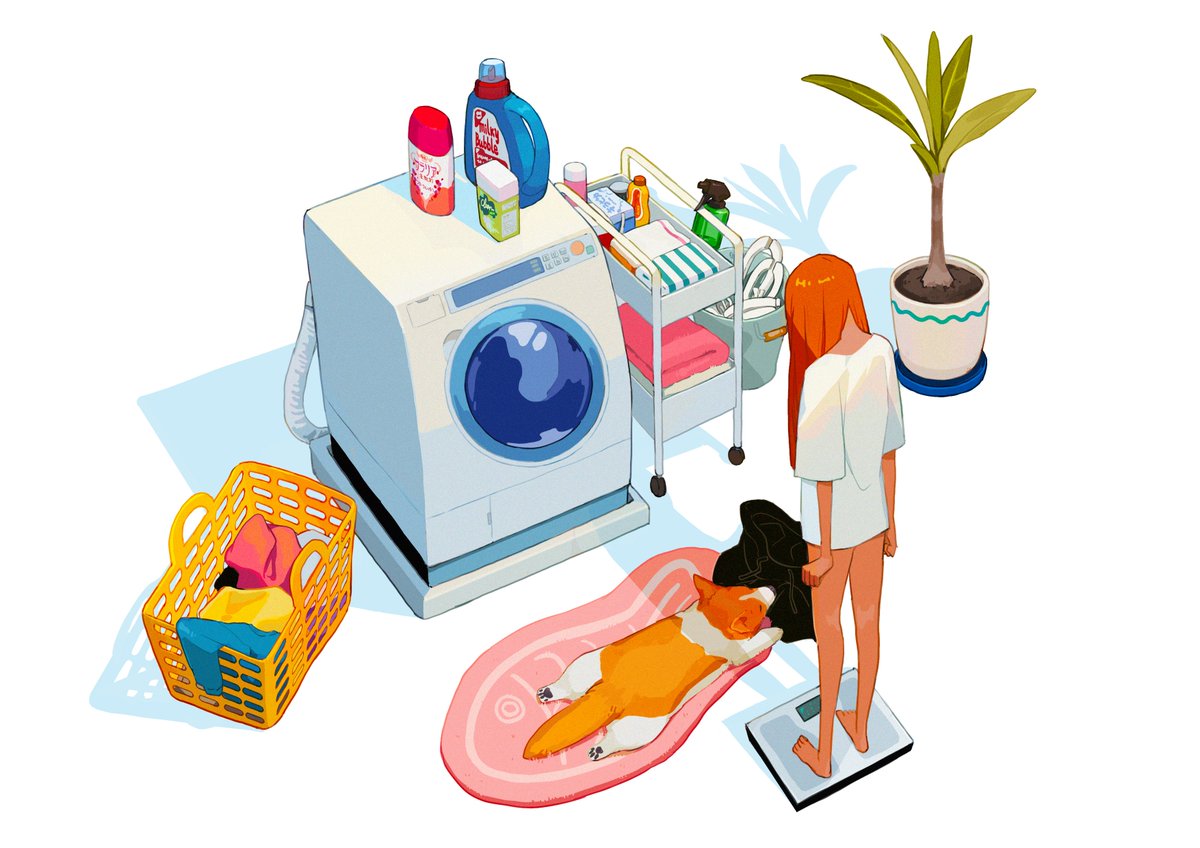 1girl plant shirt white shirt barefoot long hair washing machine  illustration images