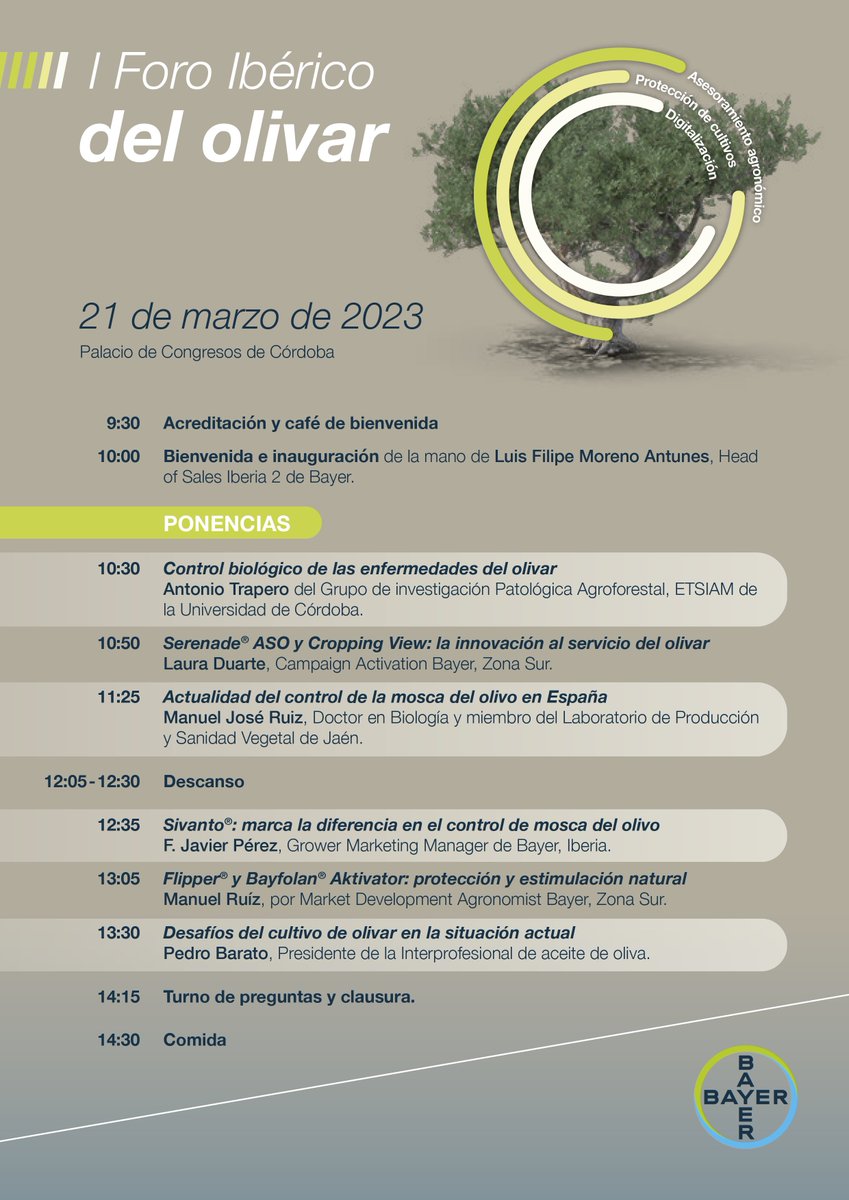 📄Programa del I Foro Ibérico del #olivar 🫒 

+INFO➡️cuadernoagrario.com/?p=45193 vía <a href="/Bayer4CropsES/">Bayer Crop Science España</a>

📍🗓️#Cordoba 21 de marzo