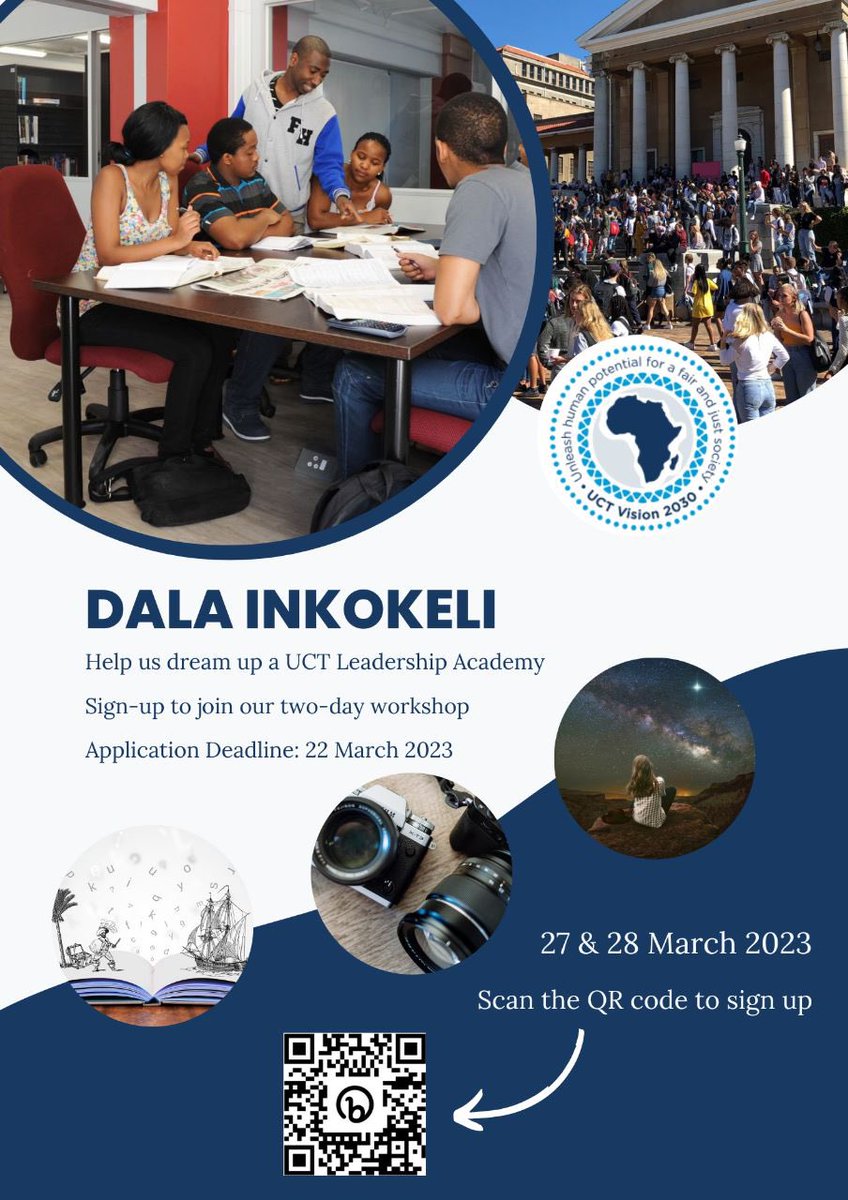 UCTStud_Dev's tweet photo. Help #UCT dream up a Leadership Academy! We will use fun and interactive activities to conceptualize a UCT Leadership Academy for #UCTStudents! Sign up at https://t.co/tdt0eXHWId #UCT #UCTStudents #DALA #Studentleaders @uct_src @UCTRadio @UCT_news @varsitynews https://t.co/ypNRyW9Hgq