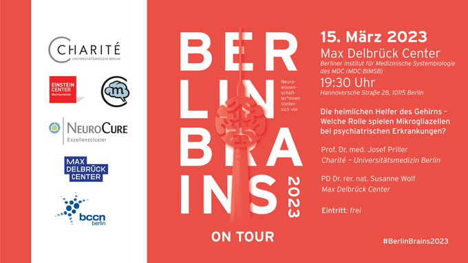 Do you have plans for tonight? Highly recommended:  #BerlinBrains2023 on Tour @BIMSB_MDC! The #brain's secret helpers #mdcBerlin with Susanne Wolf & Josef Priller - they talk about the role of #microglia in #schizophrenia or #depression #scicomm #BrainAwarenessWeek #wisskomm