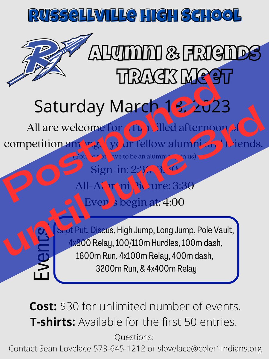 Due to cold temperatures this Saturday, we are postponing the Alumni &amp; Friends Track Meet until Saturday, June 3rd.  I am sorry we had to postpone, but hopefully, June will bring us better weather.  Hope we will see you in June. #GoBigBlue #10SHIPS