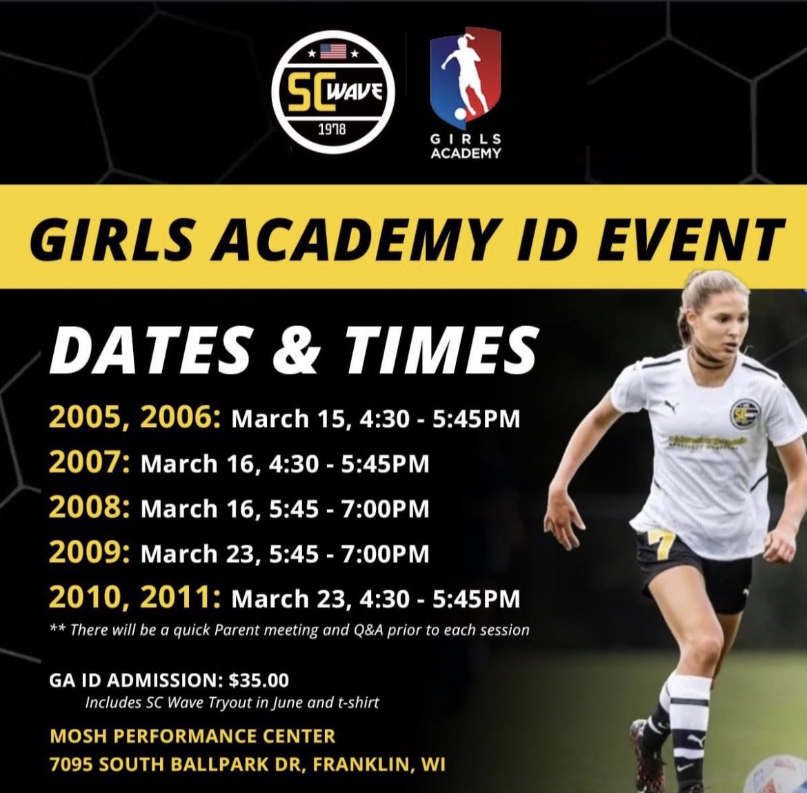 Come check out <a href="/SCWAVEROC/">SC WAVE</a> and the Girls Academy program!  We are having an ID event tomorrow (for 2007 age group). 4:30-5:45.