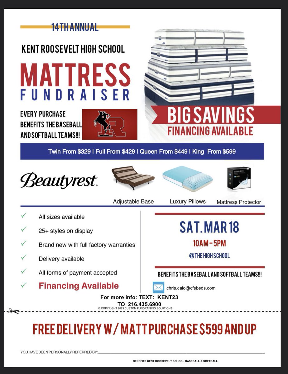 This Saturday March 18th from 10am-5pm we will host our 14th Annual Mattress Fundraiser Sale in the RHS Cafeteria!