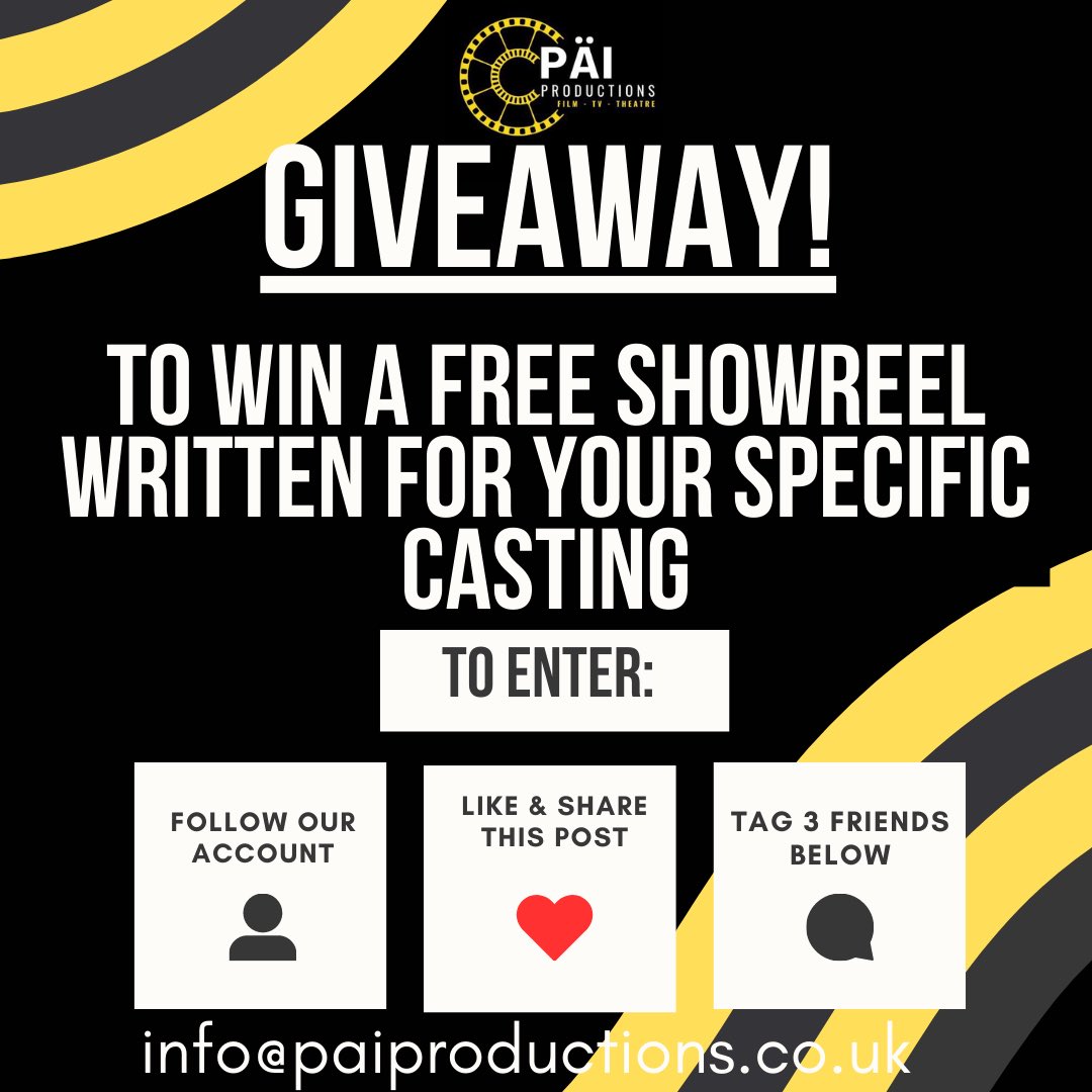 💛🖤It’s giveaway time! 💛🖤

To win a free showreel written for your specific casting:

1. Follow our page 
2. Like and share this post
3. Tag three friends below

Giveaway ends next Thursday, get sharing! 💛🖤

#showreel #writing #productioncompany #giveaway