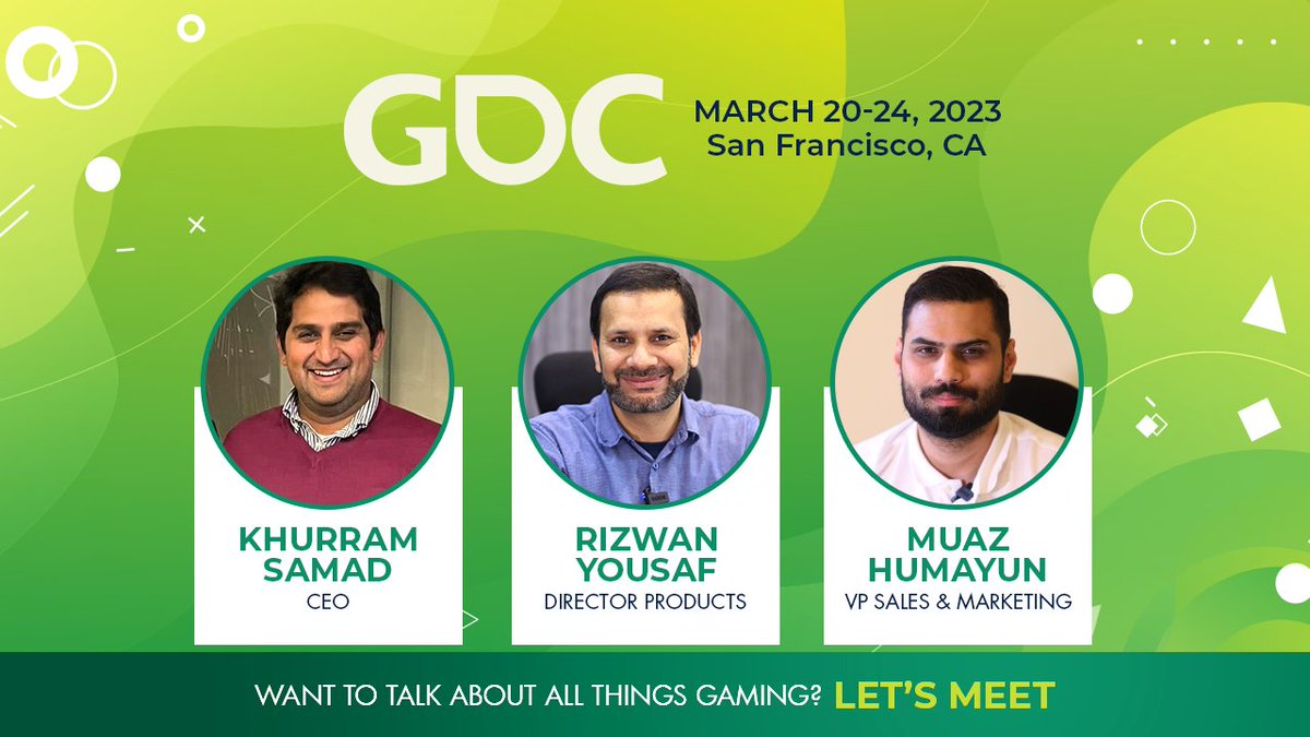 GDC 2023 is right around the corner and our team can't wait to be a part of it! Come meet our CEO Khurram Samad, VP of Sales and Marketing Muaz Butt, and Director of Products Rizwan Yousuf. We'd love to chat and exchange insights!

#gdc2023 #gdc #gamingindustry #gamedevelopment