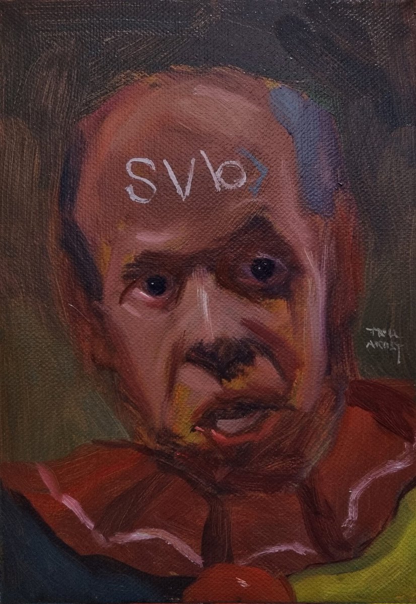 dot_troll's tweet photo. Greg Peckerhead: "Did I sell $3.6 million in stock right before my bank collapsed? Absolutely" ~ oil sketch on canvas 🤡 #SVBCollapse #GregBecker #trollartistdotcom #SVB https://t.co/nzZCXds1gc