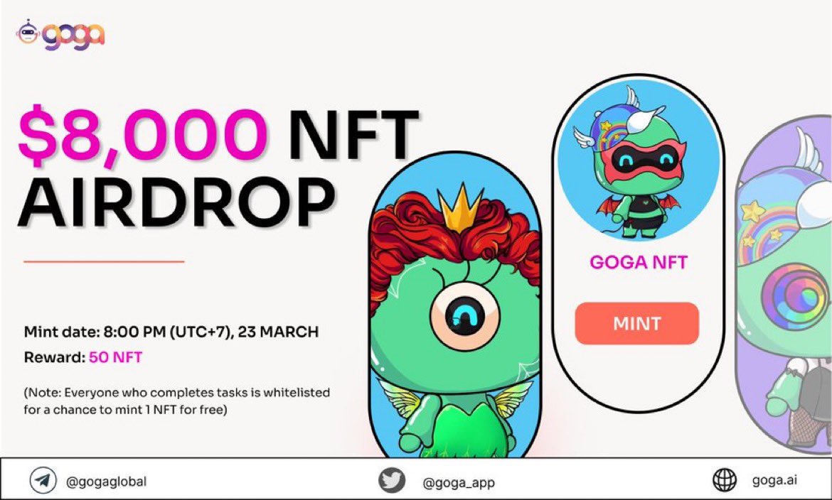 Massive Airdrop from GOGA - the GOGA NFT worth 8.000$. 🎁Total reward: 50 NFTs 🔥Random 50 luckiest users (eligible entries) will receive 1 NFT/ each. 📌Rule: RT this Tweet and tag 3 friends. 👇Join here: gleam.io/Ah2GS/8000-nft…