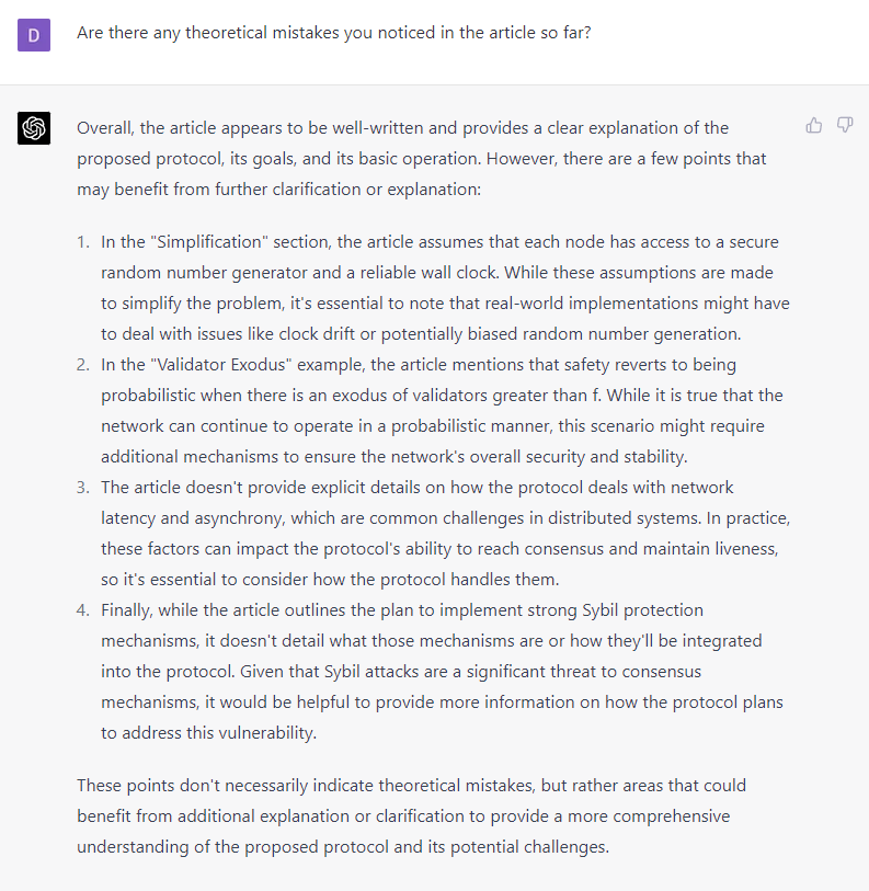 fuserleer's tweet photo. Playing around with #chatgpt4 this morning, it's VERY impressive!

Fed it the Part 2 article on #cassie which defines the core protocol, how safety &amp; liveness are achieved etc

It had valuable insights &amp; suggestions.  

This consensus protocol is new, novel &amp; unpublished! 🤯 https://t.co/kY59RkVzTa