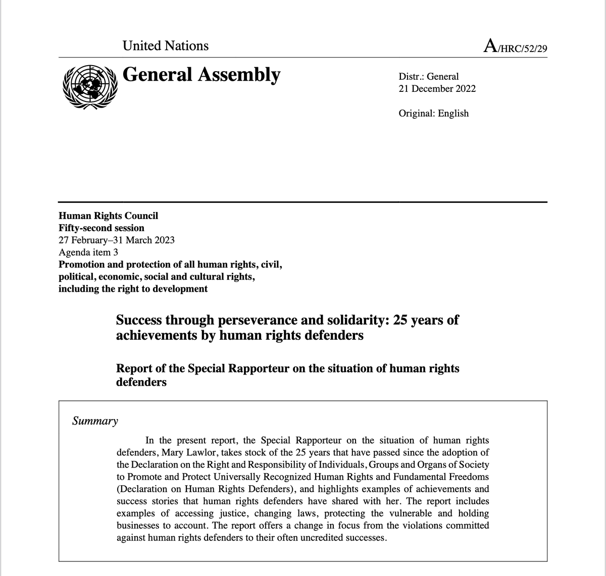 Mary Lawlor UN Special Rapporteur HRDs (@marylawlorhrds) on Twitter photo I am now presenting my report on 25 years of achievements by Human Rights Defenders to the <a href="/UN_HRC/">UN Human Rights Council</a>, highlighting how, through imagination & perseverance, HRDs continue to succeed against intimidating odds.
📑 The full report is available here: bit.ly/40apSvu
#HRC52 I am now presenting my report on 25 years of achievements by Human Rights Defenders to the <a href="/UN_HRC/">UN Human Rights Council</a>, highlighting how, through imagination & perseverance, HRDs continue to succeed against intimidating odds.
📑 The full report is available here: bit.ly/40apSvu
#HRC52