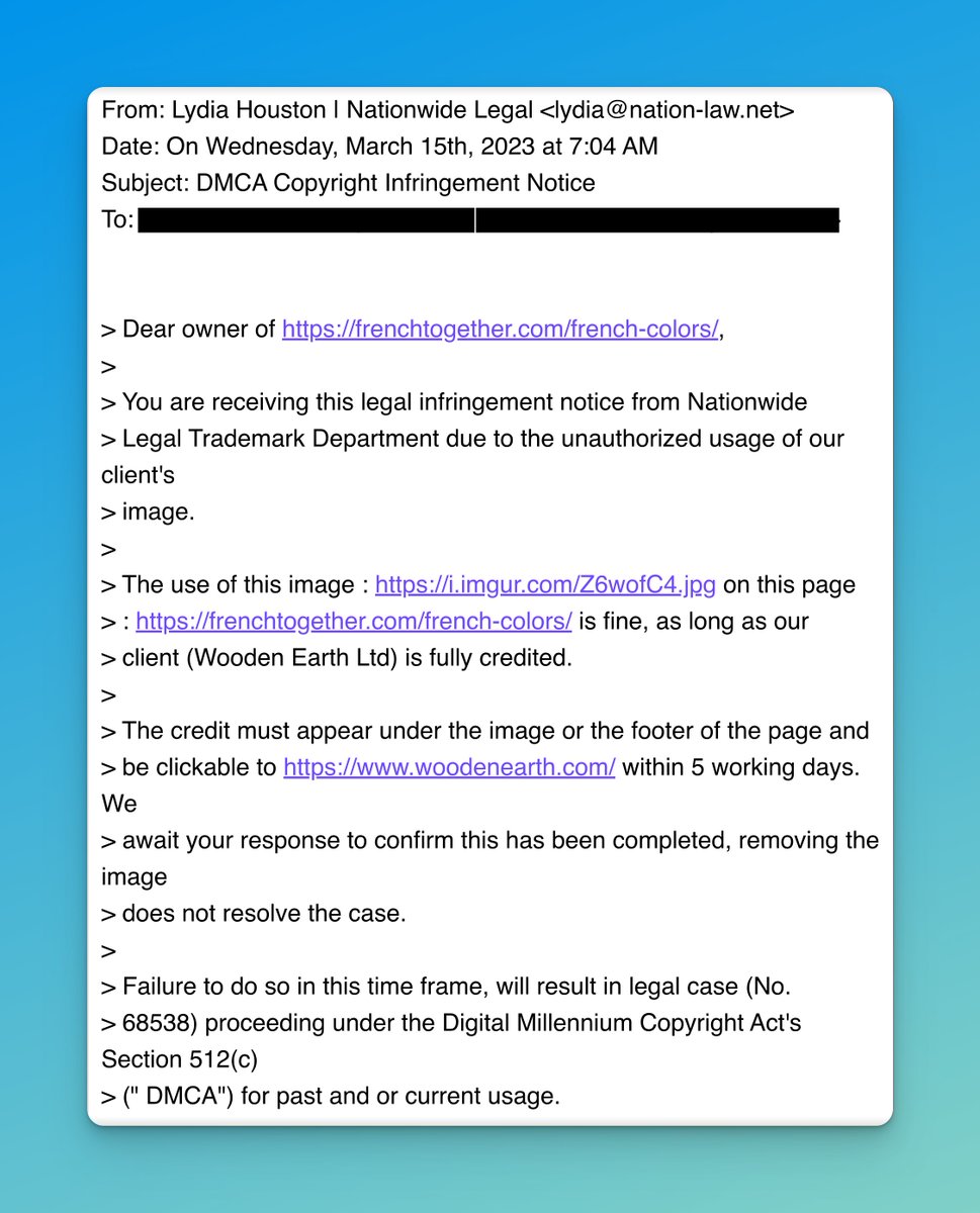 BenjaminHouy's tweet photo. Shady SEO tactic warning: someone pretending to be a lawyer is sending fake copyright infringement emails in an attempt to get backlinks. 

The law firm sending these doesn't exist and I'm pretty sure they don't own the copyright for the images. https://t.co/DZPxYUknVI