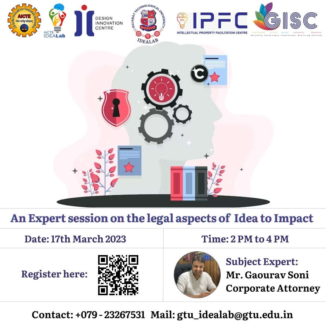 DicGtu's tweet photo. This is to let you know that Gujarat Technological University's Idealab, in collaboration with the GTU IPFC Center, will host an expert session on the legal aspects of the Idea Impact. 
Registration Link: https://t.co/WXoOmgVUYg https://t.co/Gn4JlvQA2A