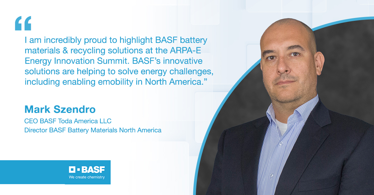 BASF_Catalysts's tweet photo. BASF is a Gold Partner supporting the ARPA-E Energy Innovation Summit, March 22-24, in Washington DC. BASF is moving transformational energy technologies such as #batterymaterials &amp; #recycling solutions out of the lab and into the market.

#BASFbattery #sustainability #emobility https://t.co/rZikWG9ZDG