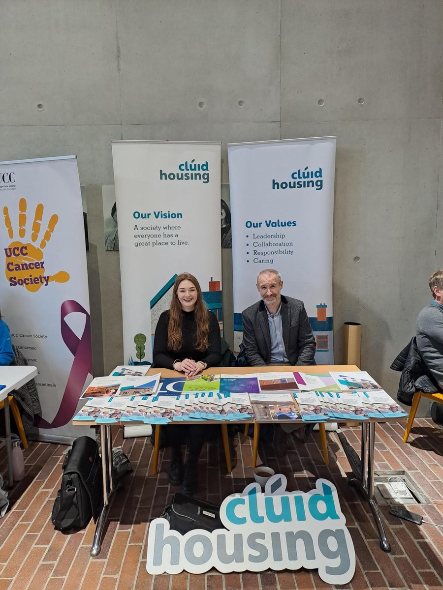 CluidHousing's tweet photo. Clare Austick, Policy Manager at Clúid and Gerard Deegan, Housing Manager at Clúid, are attending the UCC careers fair today. Pop along and say hello, we are located at table 4 in The Hub. https://t.co/B5qA69jeMw
