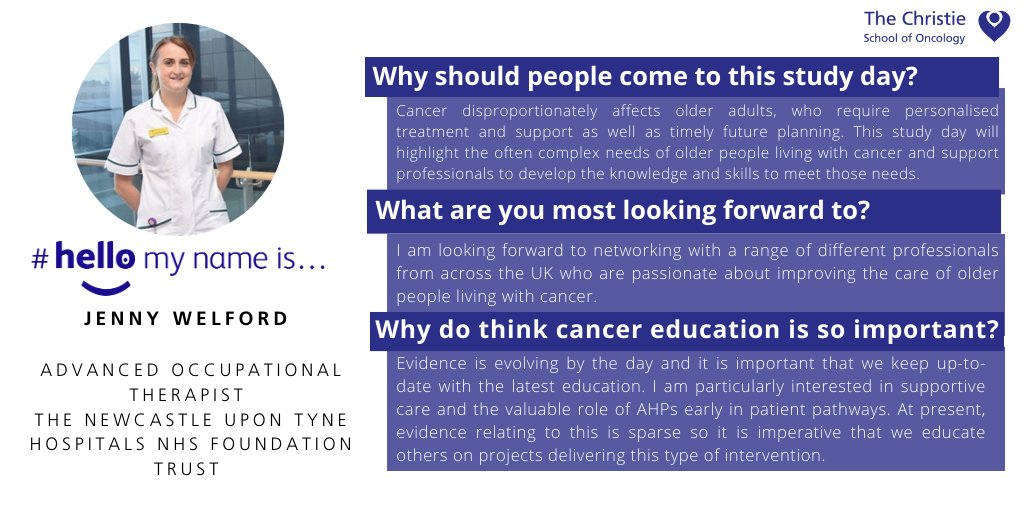 #Hellomynameis… Jenny Welford 👋

Jenny will be joining us for the #SoOCancerAge2023 study day on 20th April. 

Jenny will join our expert panel to discuss the challenges and solutions for supporting older patients with cancer.

Tickets available here: CancerAge2023.eventbrite.co.uk/?aff=Sociamedia
