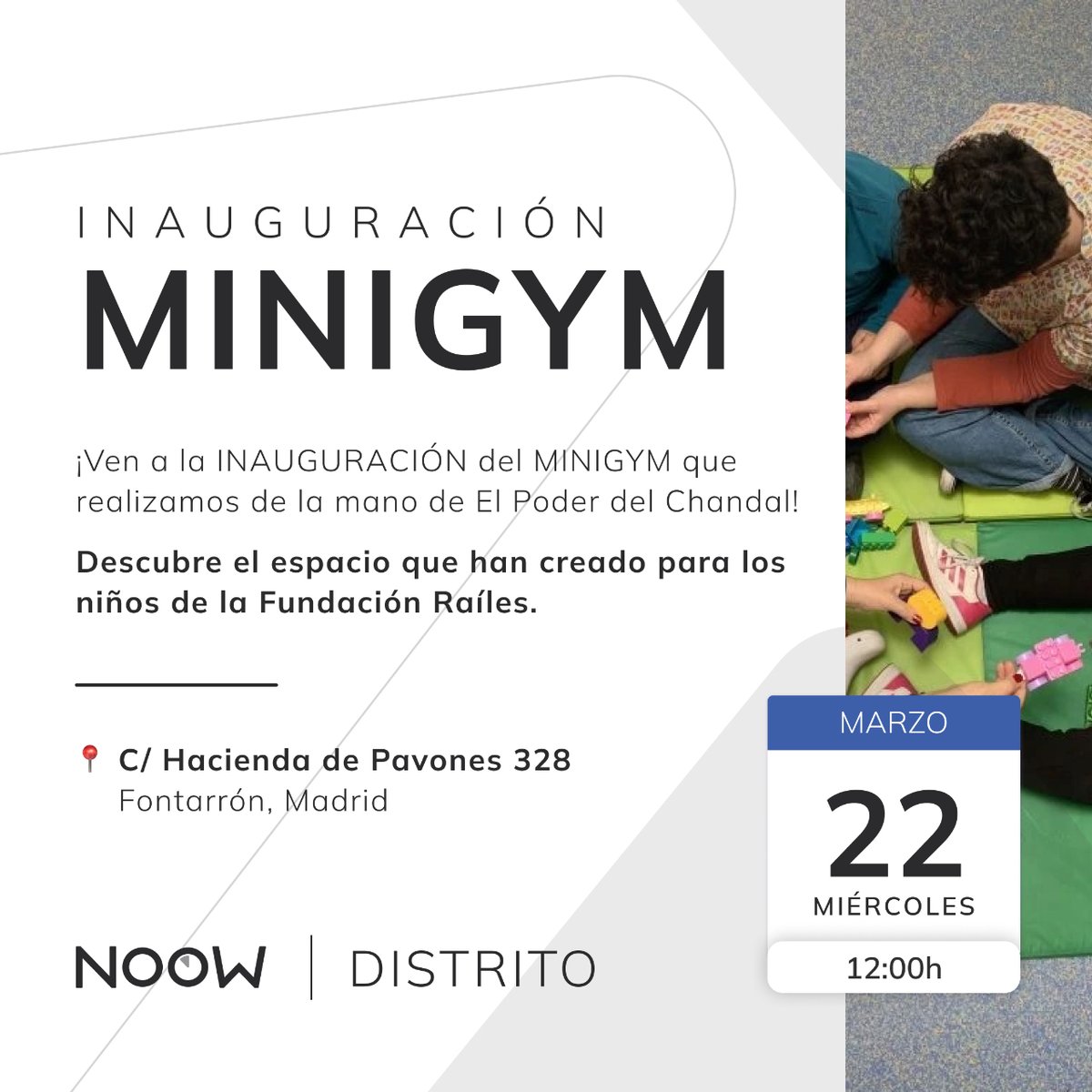 noow_distrito's tweet photo. Te esperamos este próximo 🗓️ miércoles 22 a las 12:00h en el Centro de Atención Temprana
📍C/ Hacienda de Pavones 328, Madrid

#noowdistrito #noowmadrid #inauguracion #niños #apoyo #proyectominigym #salud #deporte #infantil #inmobiliaria #asesores #emprendedores #unavidaconvistas https://t.co/rwymR79pAt