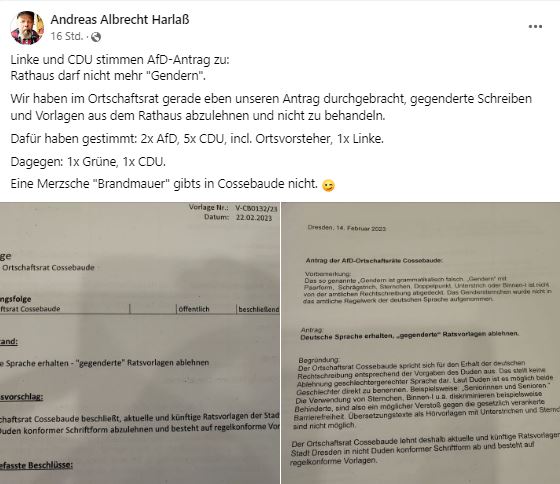 DoreenReinhard's tweet photo. Der AfDler Andreas #Harlaß (Mitglied im #AfD-Landesvorstand, Ortschaftsrat von Cossebaude, OT von Dresden), schreibt auf FB, man habe im OR einen AfD-Antrag durchgebracht (mit Stimmen von CDU und Linke). Rathaus-Vorlagen, in denen Gender-* o.ä. verwendet wird, werden abgelehnt. https://t.co/vEoIQWwUvl