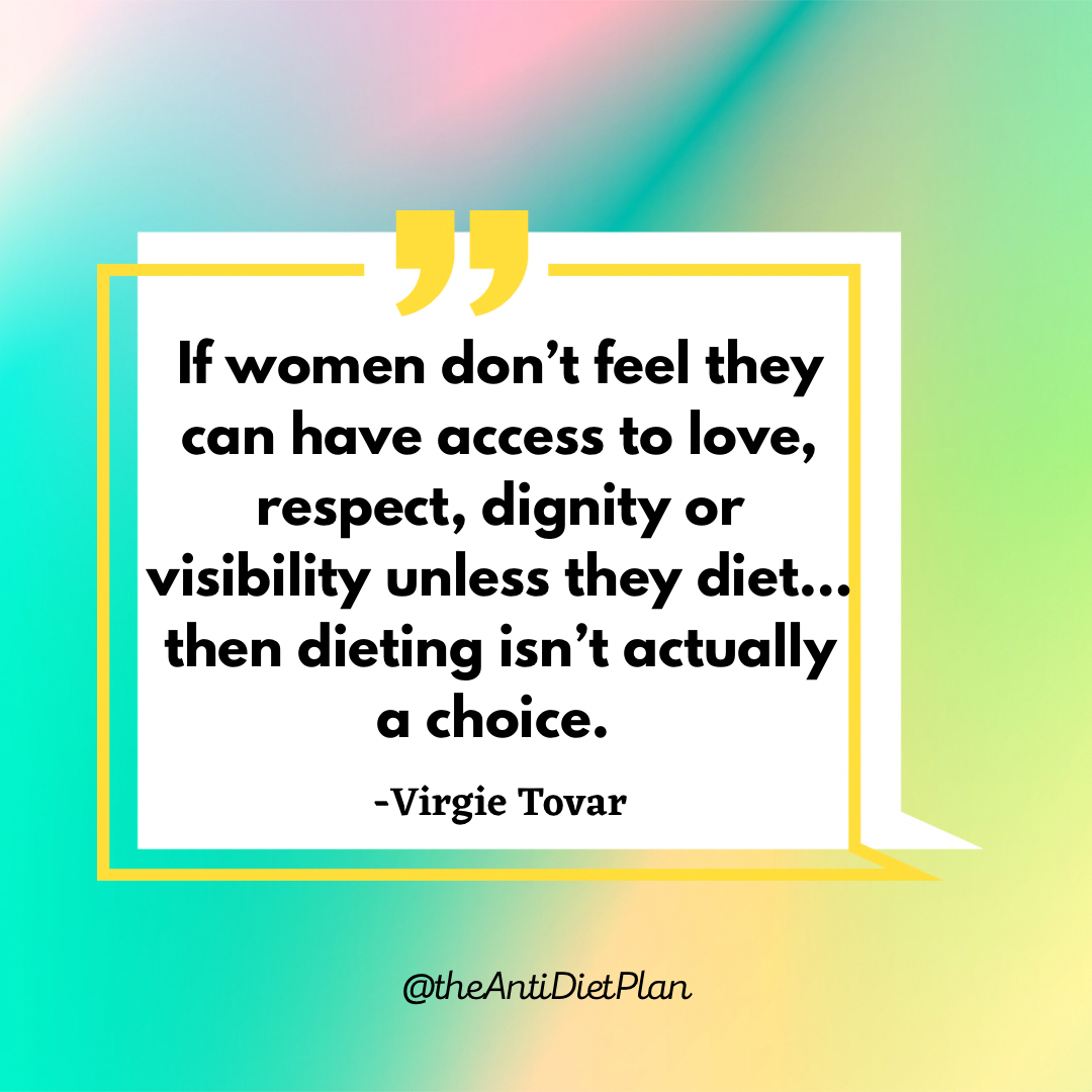 theantidietplan's tweet photo. We diet to fit in, to be accepted, respected, and loved. Imagine a world where ALL people were inherently safe and respected — dieting wouldn’t have to be the solution to all our problems.
🗣️: @virgietovar
#riotsnotdiets #dietculture #feminism #allbodiesaregoodbodies #b https://t.co/nBI2sMIwgF