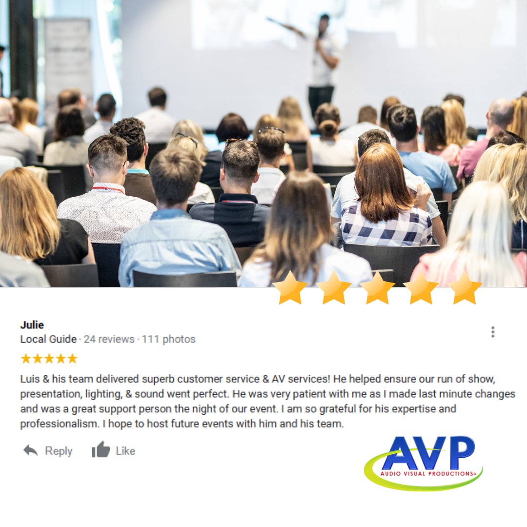 Thank you, Julie for the 5 Star Google Review!
On behalf of everyone at AVP, we look forward to working with you again.

#googlereview #AVP #thestageisyours