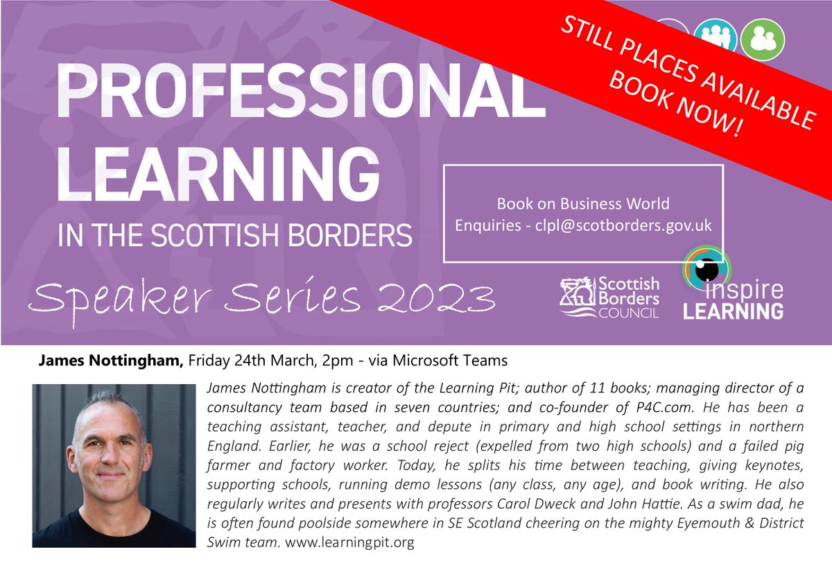 SBCProfLearning's tweet photo. *STILL PLACES AVAILABLE* Don't miss out on the opportunity to hear from internationally renowned educator; James Nottingham. James will talk about effect sizes, feedback, questioning and challenge - with lots of opportunity for questions and discussion! Book Now! @SBCEducation1 https://t.co/8bUvE0Z9wV