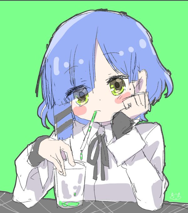 「blue hair drinking straw in mouth」 illustration images(Latest)