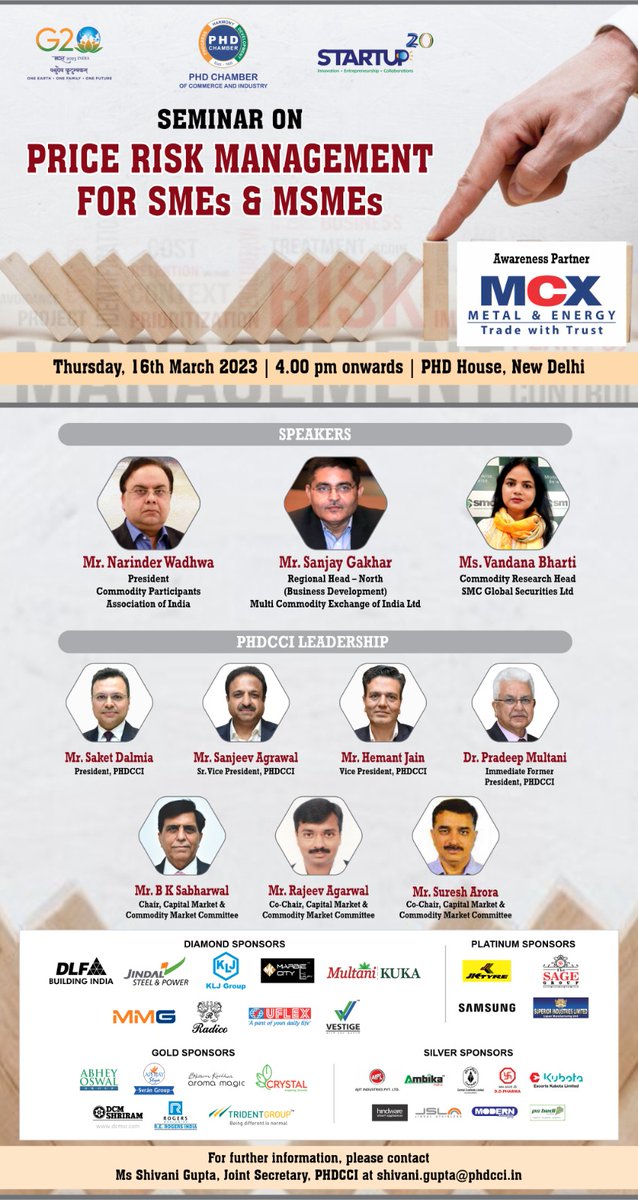 Vandanabharti80's tweet image. #PHDChamber is organizing a *Seminar on "Price Risk Management for SMEs &amp;amp;  MSMEs.  | Thursday, 16 March 2023 | 4.00 PM   | PHD House, 4/2 Siri Institutional Area, August Kranti Marg, New Delhi – 110016*. 
 
*Please click on below link for registration
phdcci.in/events/seminar…
