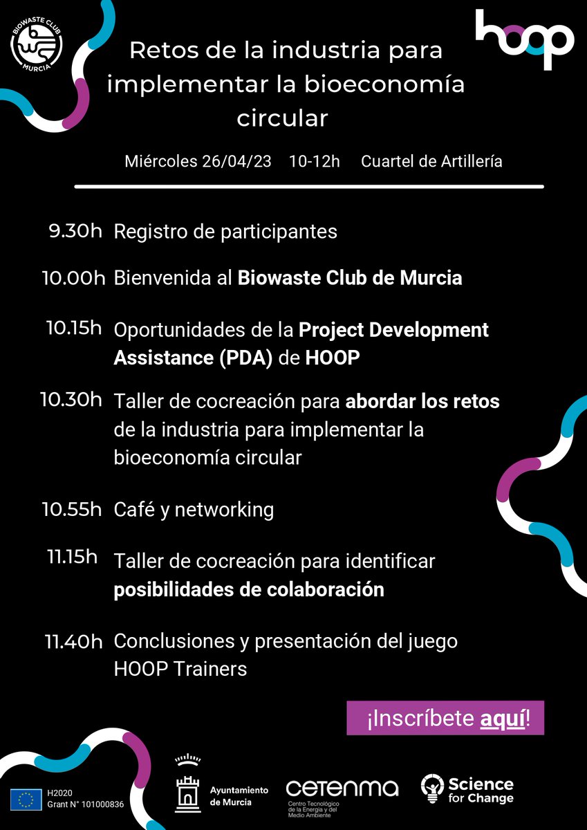 🥳Te invitamos el próximo día 26/03 en el Cuartel de Artillería, en nuestro cuarto Biowaste Club👇

"Retos de la industria para implementar la bioeconomía circular"

hoopproject.eu/biowaste-club-…

<a href="/AytoMurcia/">Ayuntamiento de Murcia</a> <a href="/SciencefChange/">Science For Change</a> <a href="/hoop_eu/">HOOP Project 🇪🇺 #UrbanBioeconomy</a> <a href="/CETENMA/">CETENMA</a>