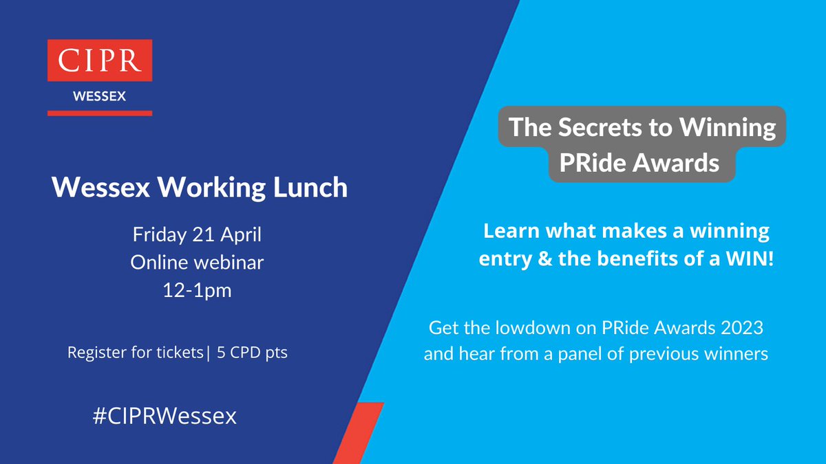 **CHANGE OF DATE**
The <a href="/CIPR_Global/">Chartered Institute of Public Relations</a> <a href="/CIPR_Awards/">CIPR Awards</a> #PRideAwards are nearly here &amp; our online #WorkingLunch is back. With former award winners &amp; judges to help you plan your entries, join @GarethKMiller, <a href="/kevinbriscoe/">Kevin Briscoe</a> &amp; Chloe Buchanan on 21 April at 12:00 ➡ cipr.co.uk/CIPR/Events/Ev…