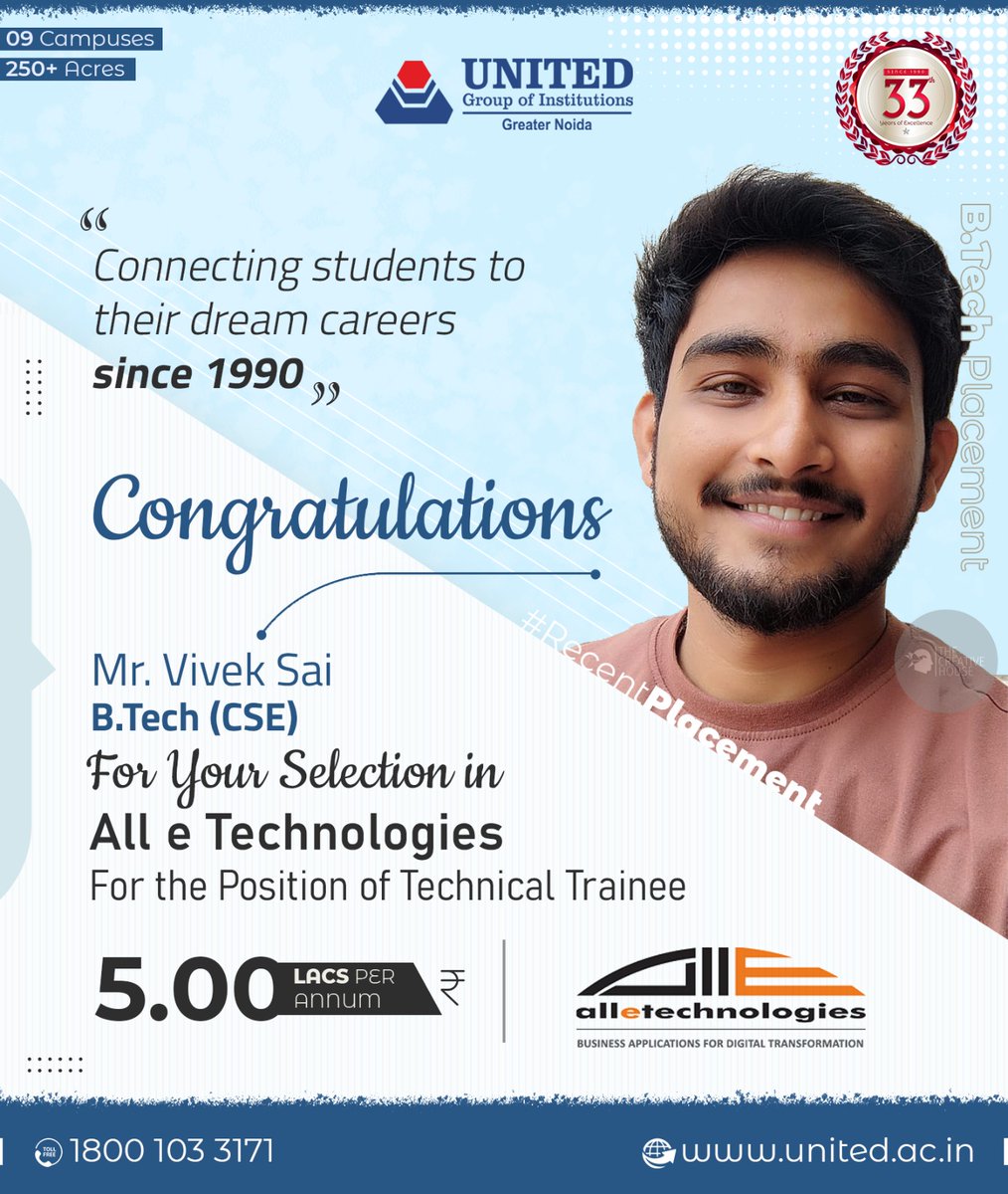 UnitedNoida's tweet photo. Congratulation Mr. Vivek Sai for your Selection in All e Technologies for the Position of Technical Trainee.
@alletec
Our Website: https://t.co/rZLHUyjxwl
Toll Free No: 1800 103 3171
#Placement #RecentPlacement #college #UnitedGroup #UnitedCollege #greaternoida https://t.co/aoEsq5KLvo