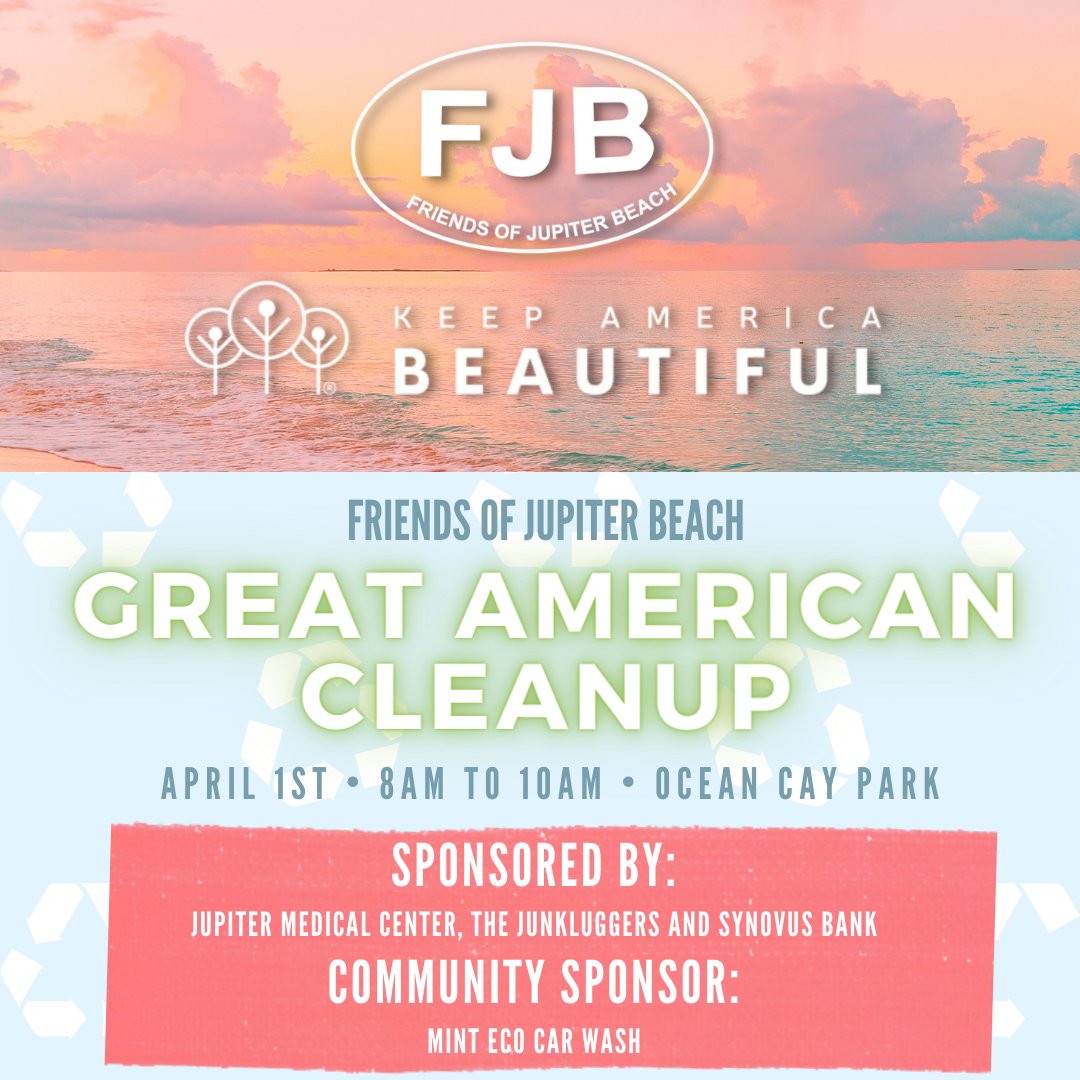 JupiterDogBeach's tweet photo. Join us April 1st for the Great American Cleanup, the nation's largest grass-roots community improvement program.✨
Attendees will receive a free Tee shirt! And the first 50 to register will receive a $5 gift card from Surf Taco!
#friendsofjupiterbeach #beachcleanup https://t.co/3CJlAF7zYk