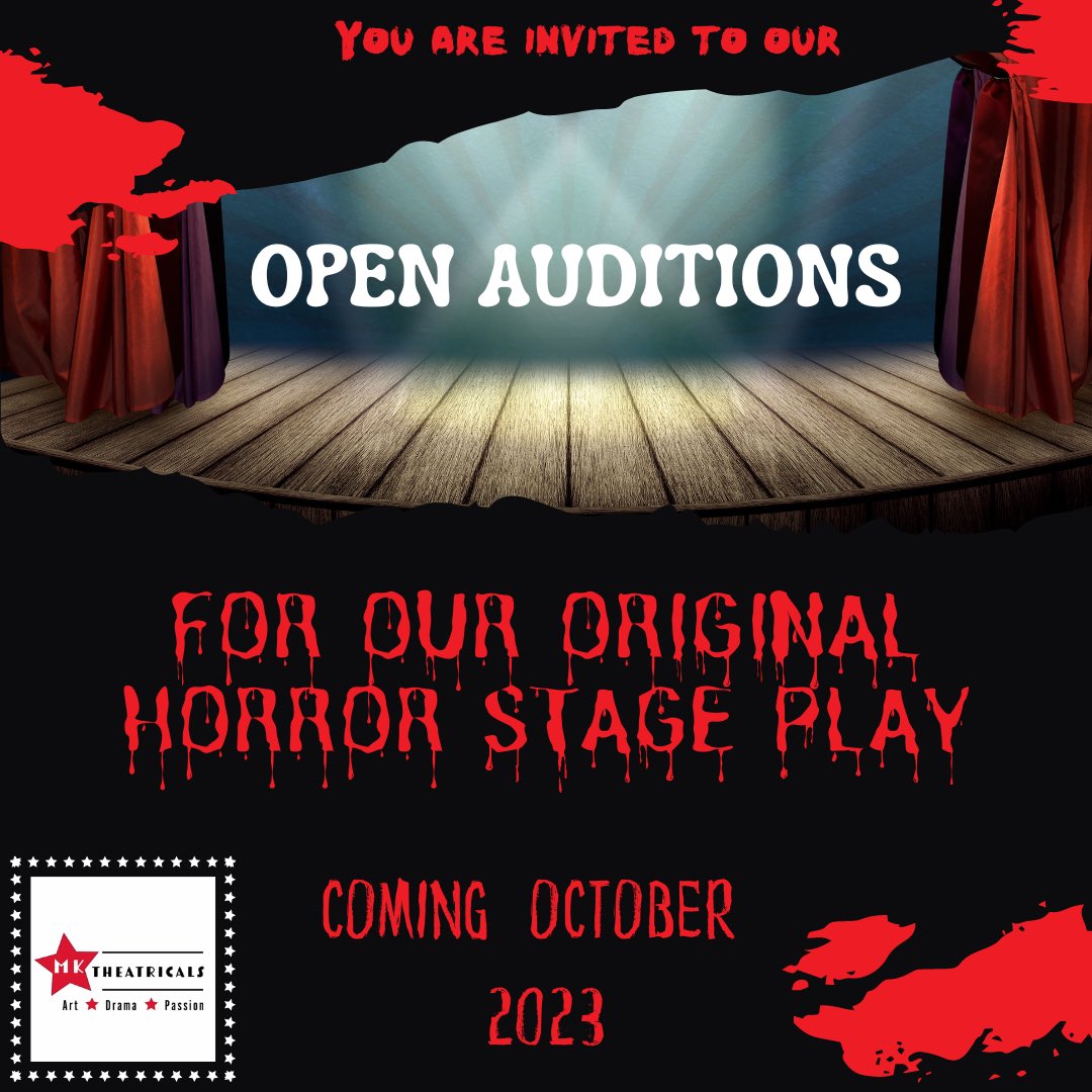 We are hosting open auditions this May for our upcoming 2023 horror stage play.

Preferably Sheffield/South Yorkshire based actors of all levels.

To apply please drop us an email at
mktheatricals@outlook.com 

#openauditions #horrorstageplay #originalplay #seekingactors #actors