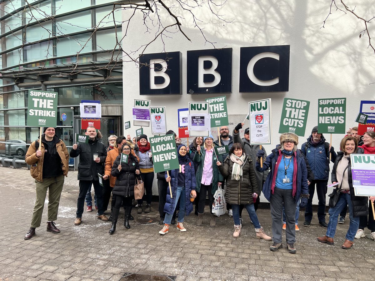The scene outside BBC Leeds today.  Journalists who are members of the NUJ at BBC Local Radio and BBC Regional TV have walked out on strike to demand cuts to services are stopped.    ⁦@itvcalendar⁩ at 6