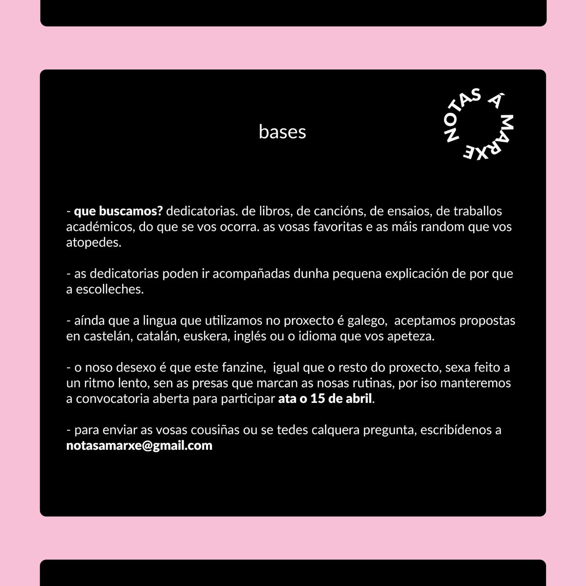 🚨Amigas!!!🚨

Isto é o que levamos ideando un tempo: facer un fanzine e coñecernos unhas ás outras a través das dedicatorias.

necesitamos a vosa participación e que compartades a publicación ata o 15 de abril!! 💗

enviade as vosas propostas e dúbidas a notasamarxe@gmail.com 🤠