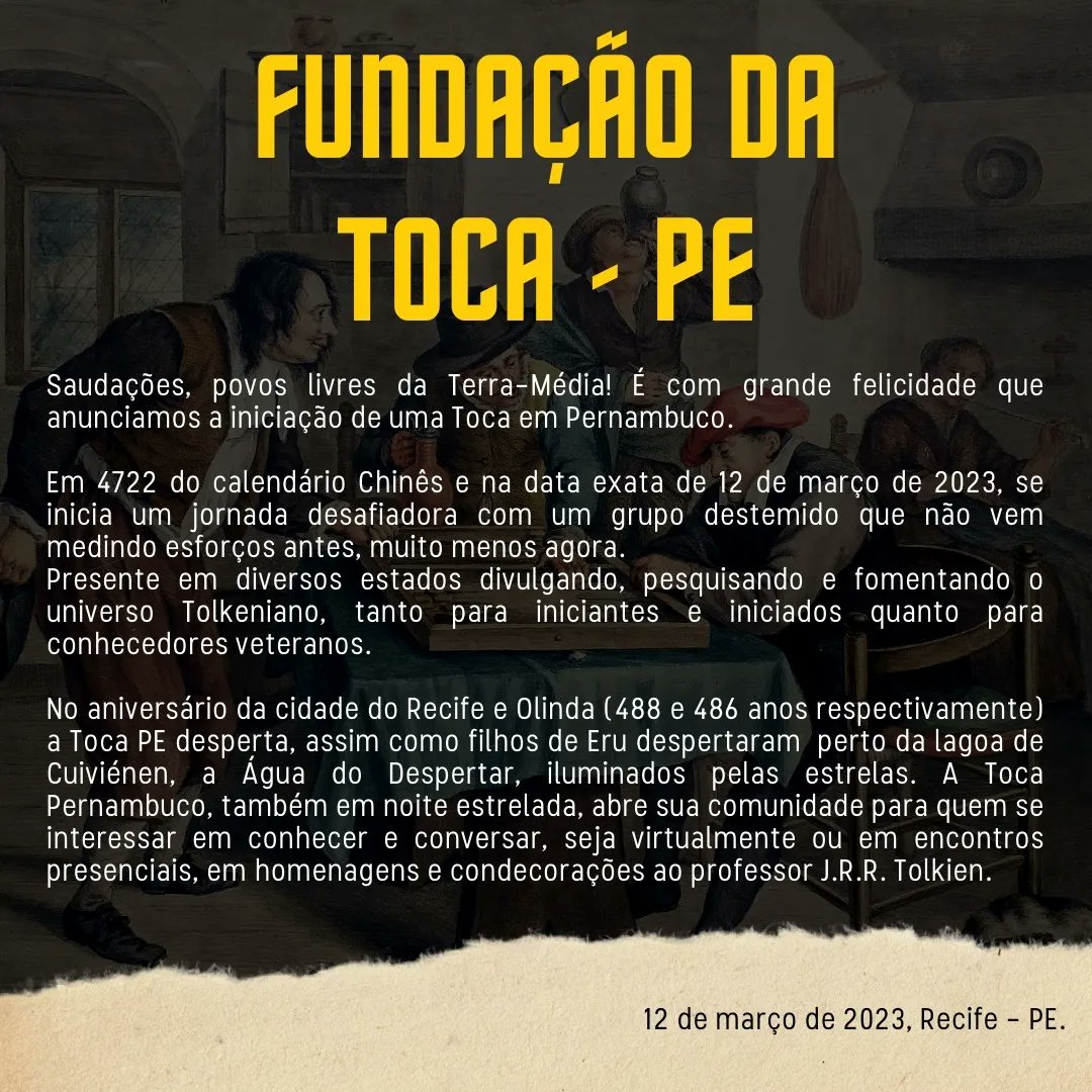 toca_pe_'s tweet photo. Com grande satisfação que Pernambuco tem uma Toca para dialogar, raciocinar, se emocionar e se viciar nas obras do mestre J.R.R.Tolkien.
Whatsapp: https://t.co/YGYVa8Zh7q
Twitter: @toca_pe_
Instagram: @toca_pe
E-mail: tocapeconselhobranco@gmail.com
#tocape #Tolkien #pe https://t.co/pP8NWA2TEE
