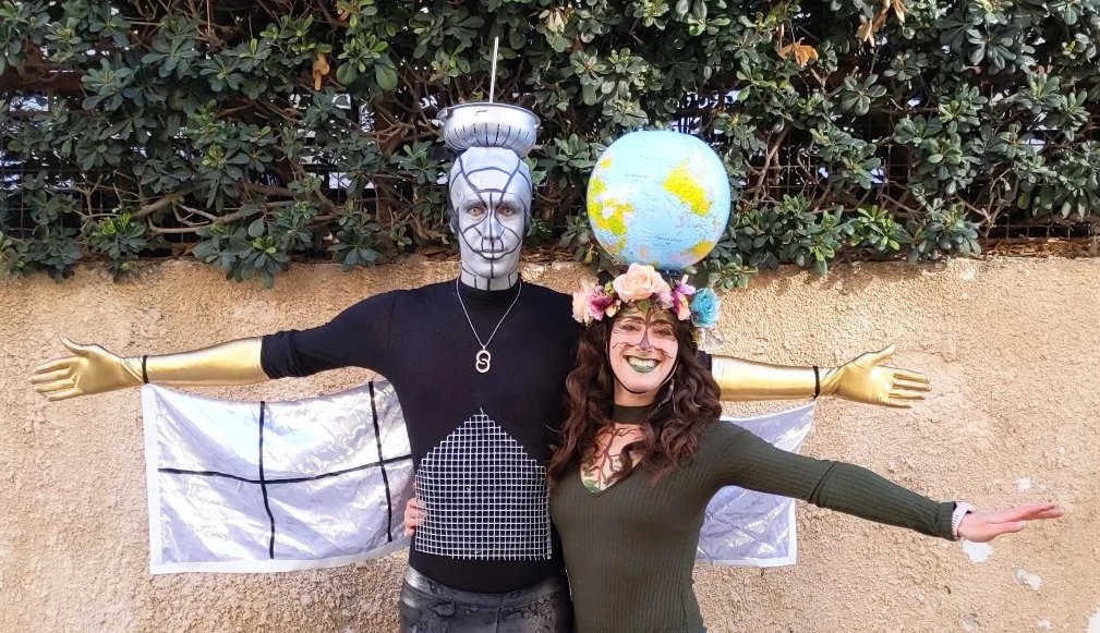 Can you guess the Purim costumes of our COO Ariella Charny and VP of Product Noam Miron? That's right, they dressed up as Albo Climate! 🛰 🌍 
Leveraging satellite data &amp; AI to combat climate change is our 24/7 mission. 

No, the satellite is not Sputnik, most likely Sentinel 1😉
