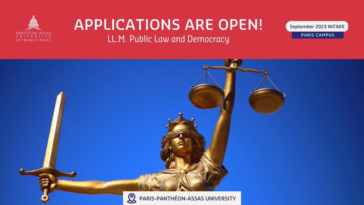 🥳Great news! Applications are now open for our September 2023 intake for the LL.M. in Public Law and Democracy program at <a href="/AssasUniversite/">Panthéon-Assas université</a>. 

👉Apply now and be a part of the next generation of legal professionals shaping the future of democracy.

🔗llm-public-law-democracy.u-paris2.fr/en/llm-public-…