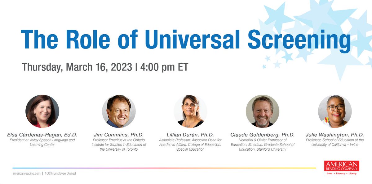 AmericanReading's tweet image. The clock is ticking! 🕓

Join us on March 16th at 4pm ET to learn about Universal Screenings and its impact on #ELLs. 

Don't miss out - reserve your spot now: ow.ly/9YU050MKzgA 
#ARCLearns