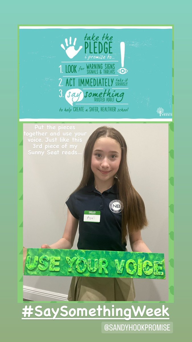 Take the pledge…and use YOUR voice just like this 3rd piece of my Sunny Seat reads. I promise to be an #Upstander and ”Say Something”. #SaySomethingWeek @sandyhook #proudeagle @NBMIDDLE #ayelmorgenstern #SaySomethingSavesLives