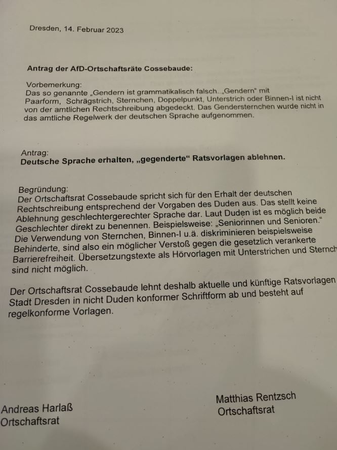 DoreenReinhard's tweet photo. Der AfDler Andreas #Harlaß (Mitglied im #AfD-Landesvorstand, Ortschaftsrat von Cossebaude, OT von Dresden), schreibt auf FB, man habe im OR einen AfD-Antrag durchgebracht (mit Stimmen von CDU und Linke). Rathaus-Vorlagen, in denen Gender-* o.ä. verwendet wird, werden abgelehnt. https://t.co/vEoIQWwUvl
