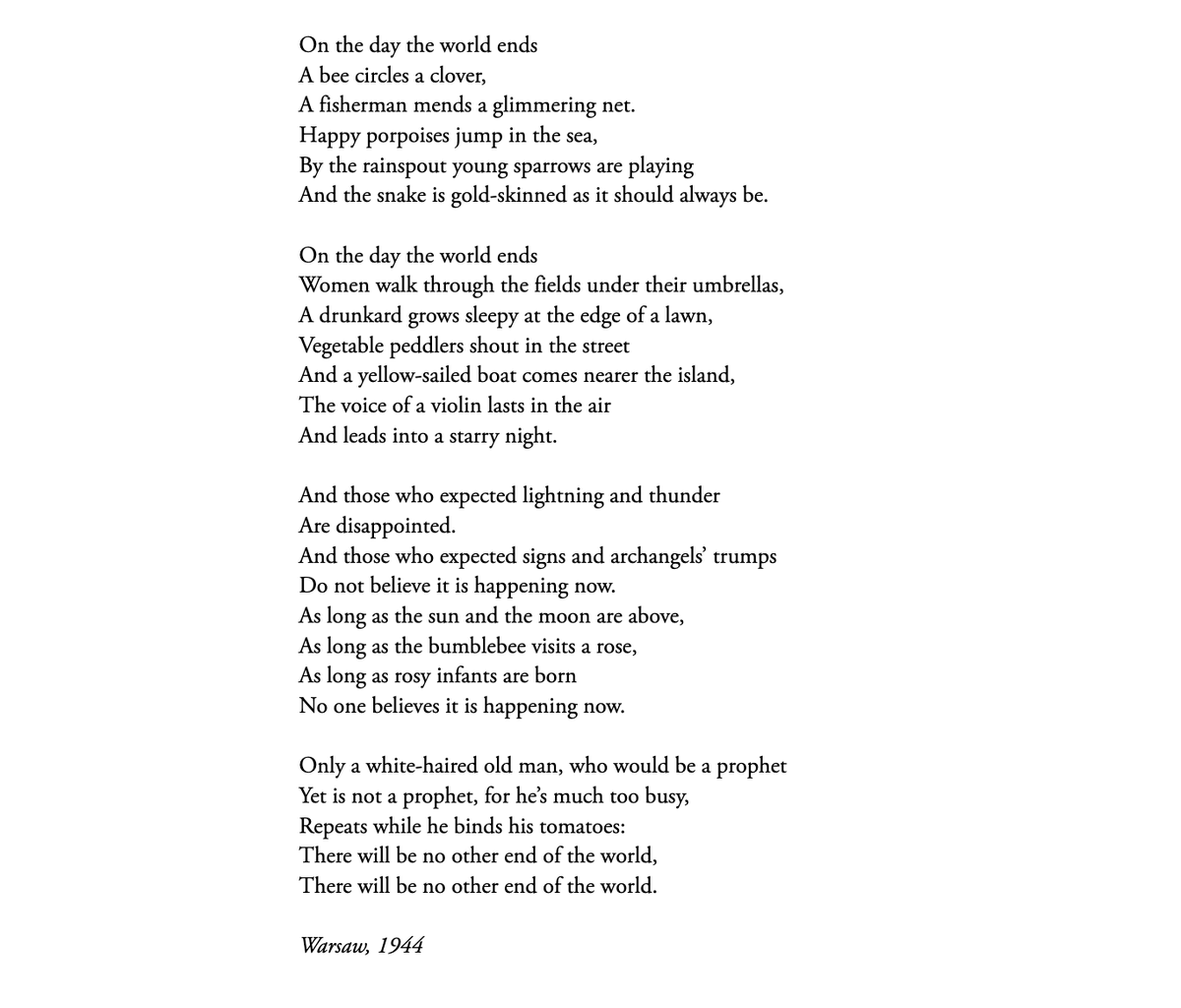 adrianmckinty's tweet photo. from Miroslav Holub to Czeslaw Milosz...
this poem was written in Warsaw in the summer of 1944 and recalls those last moments before the city was obliterated by the Nazis
A Song on the End of the World https://t.co/b3iXpvktea
