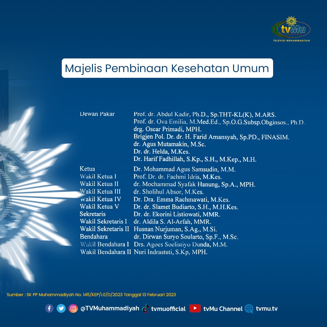TVMuhammadiyah's tweet photo. Daftar Struktural Majelis Pembinaan Kesehatan Umum PP Muhammadiyah 2022-2027 

@mpkuppmuh 

#Muhammadiyah 
#MPKU
#Majlis
#tvMuhammadiyah 
#CerdasMencerahkan https://t.co/PbgnGB21gO